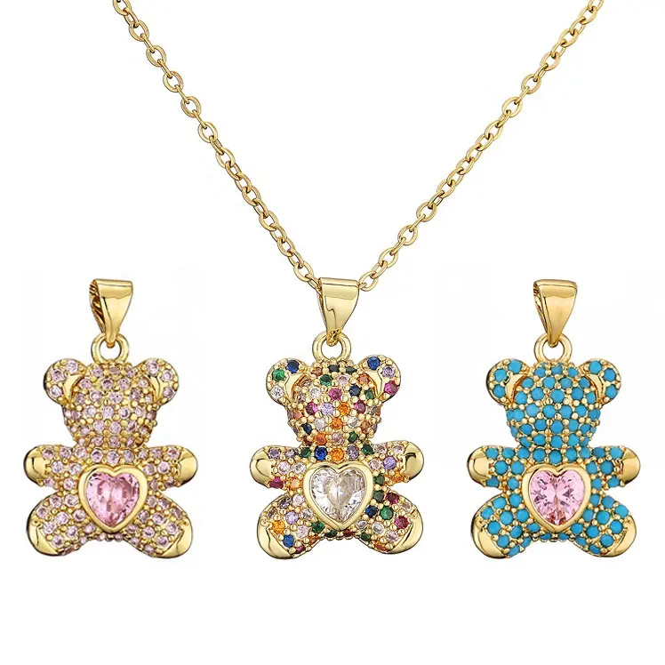 Luxury Delicate 18k Gold Plated Stainless Steel Chain Full CZ Zircon Bling Charm Teddy Bear Pendant Necklace Jewelry For Women