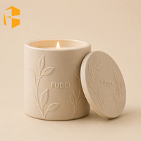 Pot à bougie en céramique minimaliste FUBEI LIVING avec motif de feuille en relief, couvercle assorti en relief, porcelaine beige mate, bougie parfumée à la cire de soja
