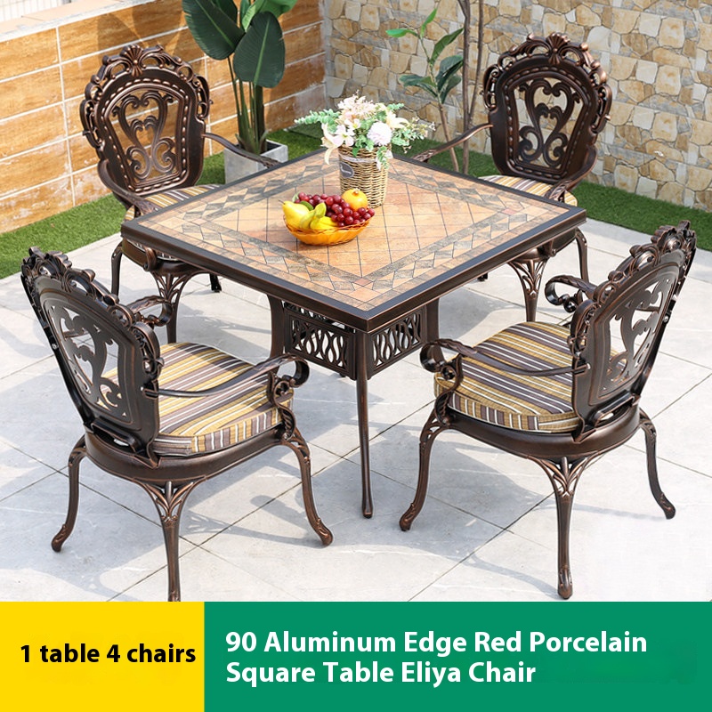 4 chaises eliya 1 table carrée en porcelaine rouge cerclée en aluminium de 90 cm
