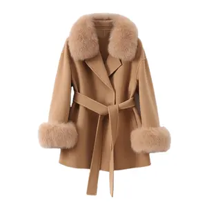 Women Winter Real Fox Fur Coat Jacket 2021 Female Lady Over Size Wool Blends Parka Trench Cape Z21182