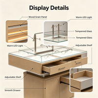 Vitrine Minimaliste en Bois Clair pour Opticien, Présentoir Mural LED Illuminé pour Lunettes, Meuble Autoportant pour Lunettes, Table d'Appoint