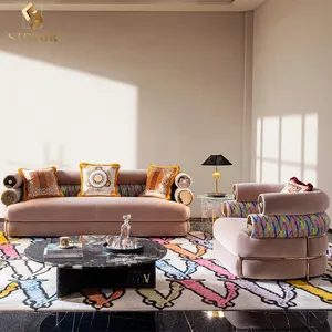 现代美杜莎Carezza意大利设计师花式创意沙发棕色天鹅绒3座奢华意大利风格沙发套装奢华