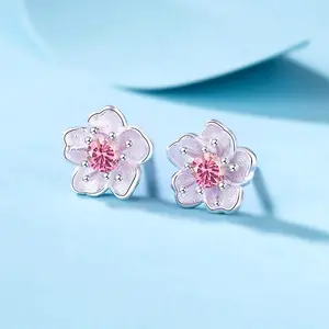 Factory Silver 925 Jewelry Sterling Earrings Cherry Blossom Pink Zircon Ear Studs Simple Cross Hoop Vintage Earrings for Women