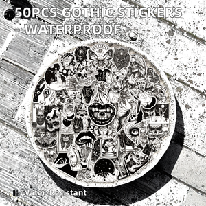 50pcs אימה pvc גותי מדבקות ויניל קישוטים goth עבור בקבוק סקייטבורד-שחור לבן עמיד למים קונטייניל - Product Image 3