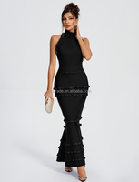 Ocstrade Hochwertige Schwarze Elegante Abendkleider mit Neckholder, Ärmellos, Offenem Rücken, Rüschen und Meerjungfrauen-Silhouette – Eng Anliegende Abendkleider für Damen