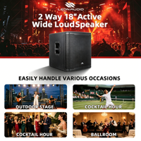 Caisson de basses actif LEON AUDIO SPRX-18SUB de 18 pouces avec amplificateur DSP bi-amp Classe D intégré, 1100W RMS, 4800W Max, alimentation XLR, son de basses puissant