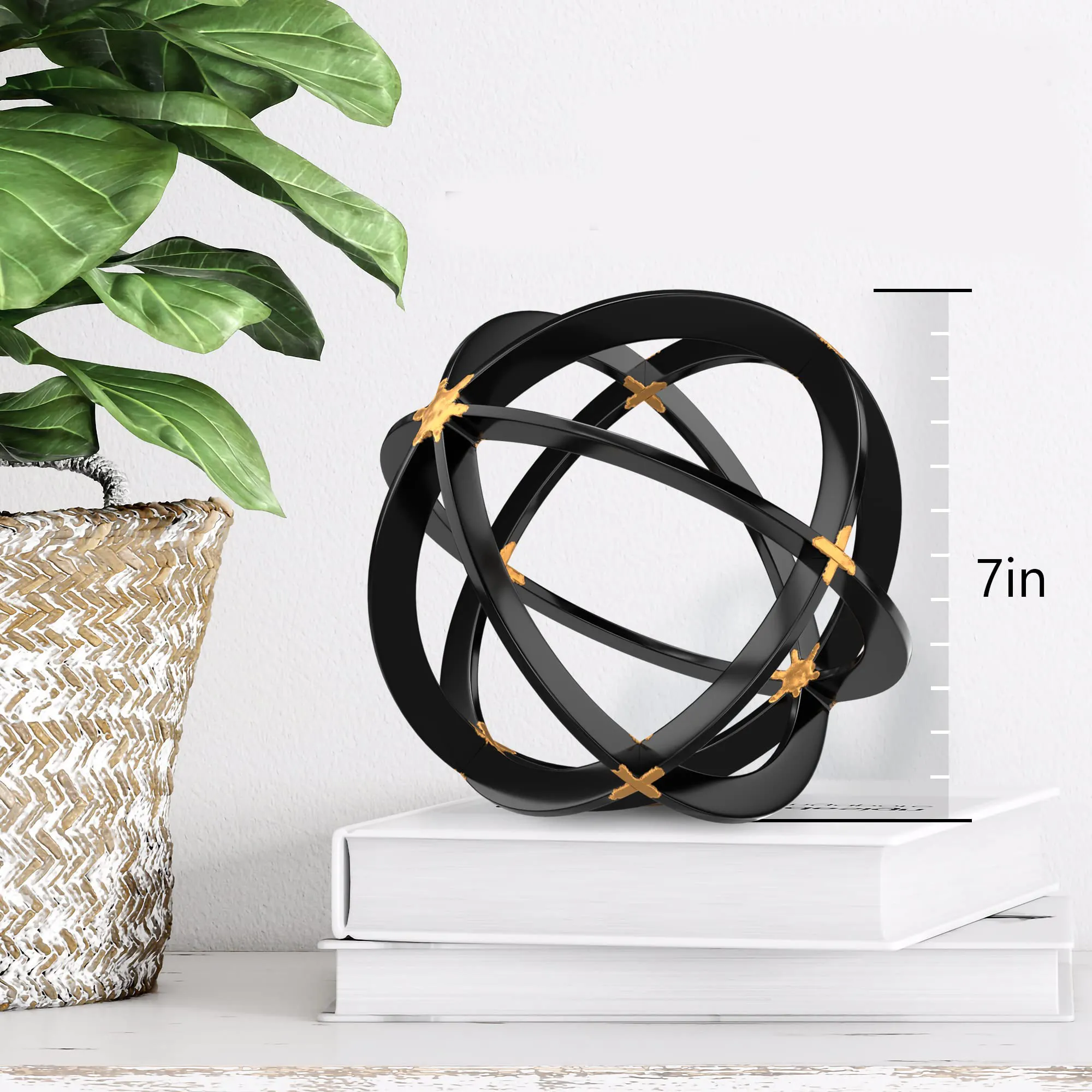 Modern Accent 7 inch Black Gold Iron Sphere Bands Metal Tabletop Centerpiece Other Home Decor Sculpture for Living Room Table