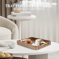 Plateau de service rectangulaire grand format en bois d'acacia de qualité supérieure avec poignées en métal doré pour la décoration de table basse ou d'ottoman dans le salon