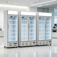 Réfrigérateur commercial vertical à porte vitrée, cadre argenté avec éclairage blanc et commande numérique pour supermarché et salle d'exposition