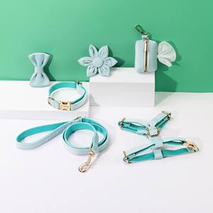Ensemble harnais et laisse pour animaux de compagnie en velours personnalisé bleu clair sans harnais pour chien avec support de sac à caca - Product Image 3