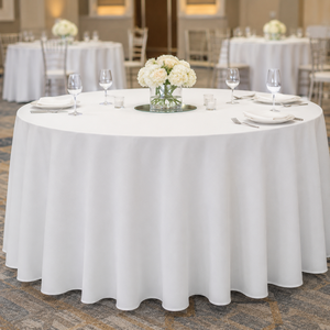 Wholesale White <b>Round</b> Polyester <b>Tablecloth</b> Custom Waterproof Option Hotel Wedding Exhibition Event Linen - Product Image 1