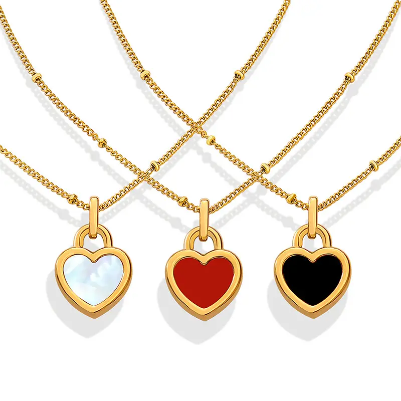 Bijoux mode coréenne crème vent doux double coeur pendentif collier en acier inoxydable 18K or coquille incrustée collier