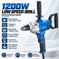 Perceuse électrique multifonction à vitesse variable 1200W avec poignée arrière rotative