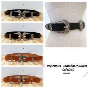 Ceinture en cuir véritable 100 cm noire et marron style western avec boucle argentée pour femmes et hommes - Product Image 3