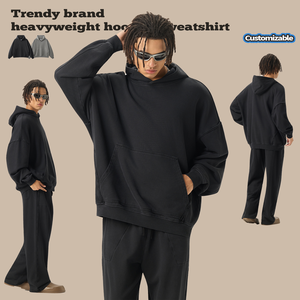 Sweat à capuche en molleton bouclette 420G en pur coton lavé, style américain, personnalisable avec logo, pour survêtement - Product Image 4