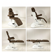Fauteuil de soin esthétique en cuir PU marron avec base blanche, réglable en hauteur, inclinable et rotatif, pour spa facial et cosmétique