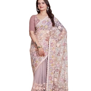 Floral Embroidered Net <b>Saree</b> <b>for</b> <b>Women</b> Modern Indian Bride Festival Wear - Product Image 1