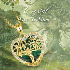 Collier Cœur Arbre Généalogique Vintage en Malachite, Plaqué Or 18K, Pendentif Pierre Verte pour Femme, Cadeau de Luxe Fête des Mères - Product Image 5