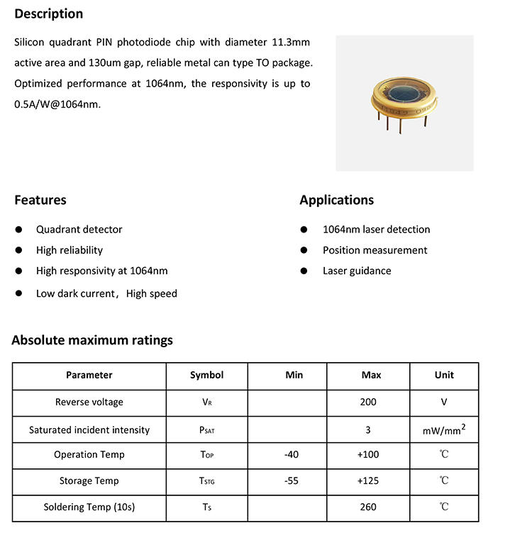 1064 nm large active area military grade extended silicon quadrant PIN