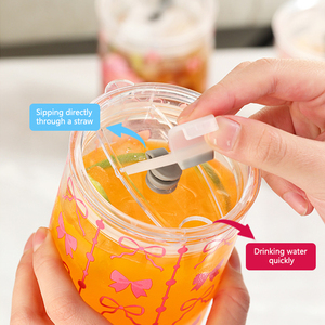 Vaso de Vidrio de Borosilicato Alto para <span class=keywords><strong>Caf</strong></span>é Helado con Tapa de Lazo y Popote, Bonito Vaso Estético para Té de Burbujas y Bebidas Frías - Product Image 6