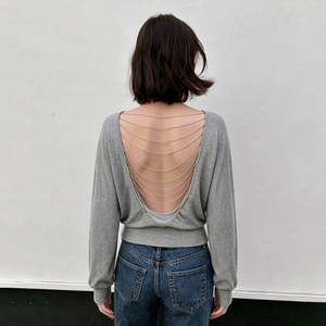 Womens Sexy Backless Metal <b>Chain</b> Detail Loose Solid Color Long Sleeve Breathable Summer Streetwear Casual T-Shirt <b>Top</b> - Product Image 4