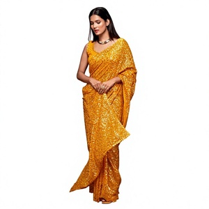 Sari de Lujo Amarillo con Lentejuelas, Sari de Georgette con Bordado de Lentejuelas para Ceremonia Haldi, Sari de Diseñador para Bodas Indias y Fiestas - Product Image 1