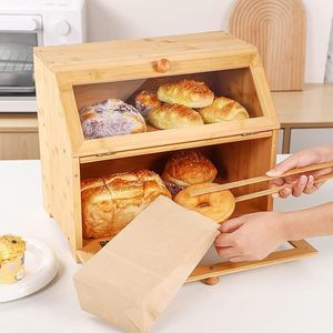 Boîte à pain en bambou à 2 niveaux avec porte en verre, organisateur de rangement pour comptoir de cuisine, pour pain, pâtisserie, aliments - Product Image 4