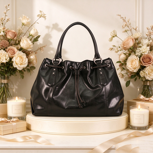 Sac fourre-tout vintage en cuir huilé noir avec cordon de serrage, grande capacité, poignée supérieure, sac à main pour femme - Product Image 1