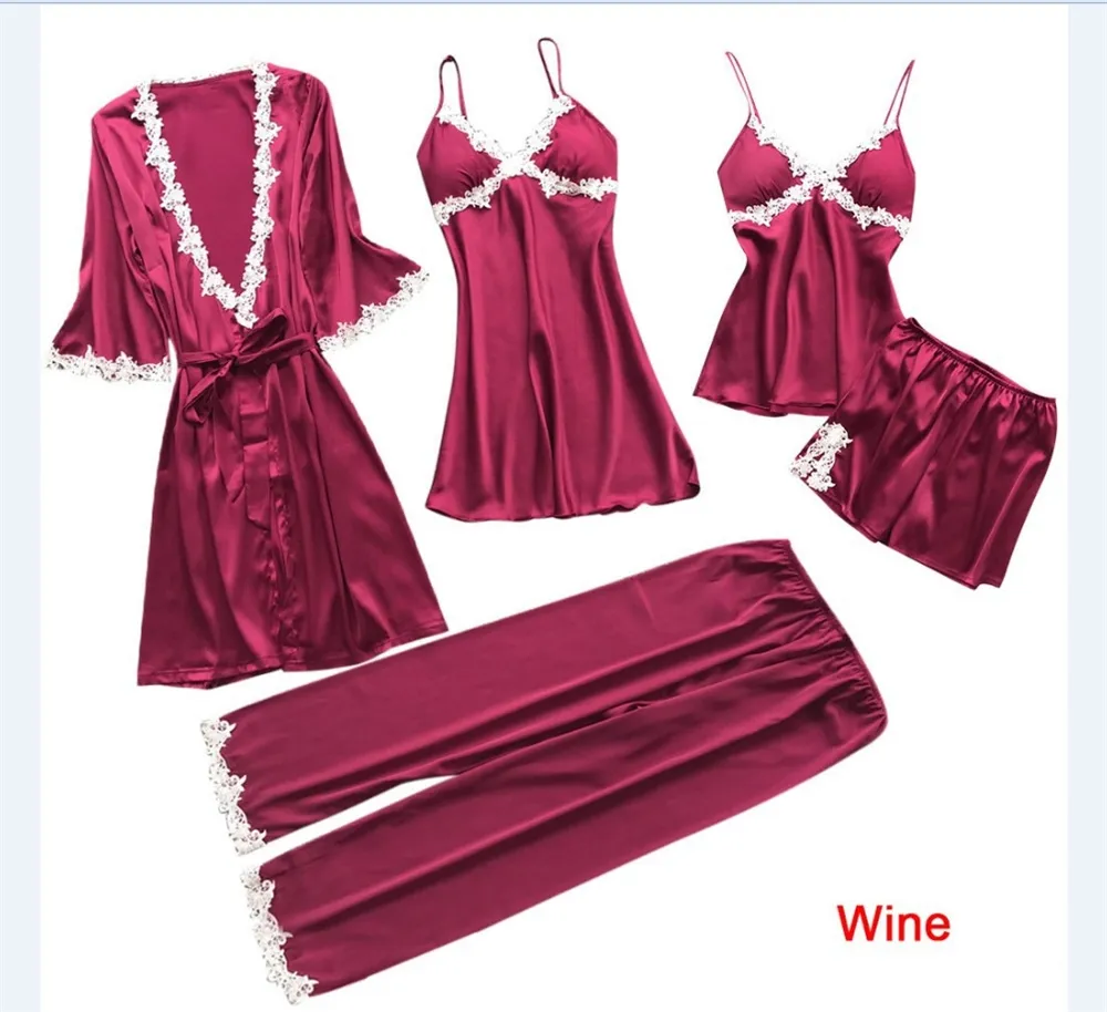 Sexy Mulheres's Grown Sets Lace Roupão + Night Dress 5 Cinco Pieces Sleepwear Mulheres Sleep Set Faux Silk Robe Femme