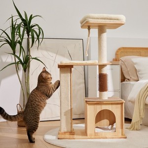 Cat Tree Real Wood Integrated Cat Bed And <b>Scratching</b> Post For Cats Simple Style Multi Level With Soft <b>Pad</b> - Product Image 2