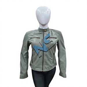 Nabtay Sports Women's Real <b>Leather</b> Moto <b>Jacket</b> Solid Color Stand Collar Zipper Closure Windproof Full Sleeve Sublimation Printed - Product Image 1