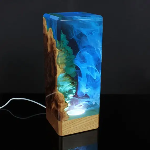 Diepblauwe Zee Houtbewerking Hars Nachtlampje Epoxylamp Hars Lamp Art