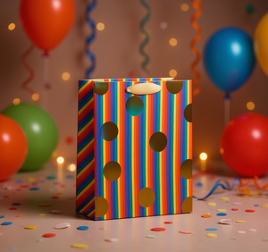 Sacchetto Regalo in Carta con Strisce Arcobaleno e Puntini Dorati per Feste di Compleanno - Product Image 2