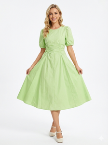 Abito lungo da donna in cotone 100% senza maniche, <span class=keywords><strong>con</strong></span> arricciature, linea ad A, casual, in tessuto stampato digitalmente, stile vintage country francese - Product Image 3