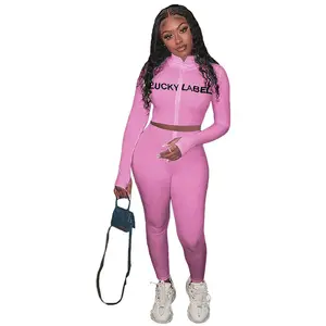 Sexy Club Outfits Lucky Label Tracksuit Crop Top Jogger Pants Two Piece Pants Set 2 Piece Set Women
