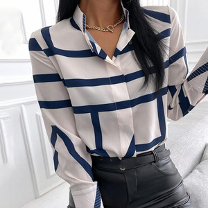 Herbstliche Blumenbluse für Damen mit Stehkragen, Langen Ärmeln, Büro-Look, Oberteile für Frauen, Lässige Übergröße Blusen - Product Image 3
