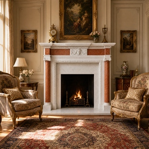 Traditional Marble <b>Fireplace</b> Mantel With Ornate Carving White & Cloudy Rosa Stone Indoor Wood Burning Hearth For Living Room - Product Image 6