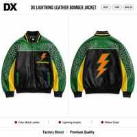 Blouson Bomber Personnalisé en Cuir PU Vert, Noir et Jaune, 420 g/m², Col Côtelé, Imprimé Flèche de Course pour Marques et Fabricants OEM