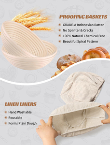 Factory Natural Rattan Eco-Friendly Bread Proofing Basket <b>Set</b> Sourdough <b>Baking</b> Kit 2 Baskets 2 Liners Danish Whisk Dough Scraper - Product Image 2