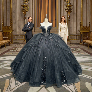 Abito da donna in <span class=keywords><strong>pizzo</strong></span> con perline a fiori 3D con fiori di cristallo Losangeles abito da ballo <span class=keywords><strong>nero</strong></span> di Design reale bohémien per donna - Product Image 1