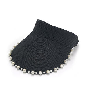 Femmes dames été extérieur protection solaire plage solide large bord pierres cristaux perles strass visière chapeau de paille chapeau de soleil - Product Image 4