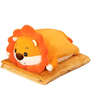 Vente en gros de coussin de sieste de bureau oreiller doux en forme d'animal en peluche avec couverture 2 en 1 lions dinosaures oreiller de couverture en peluche