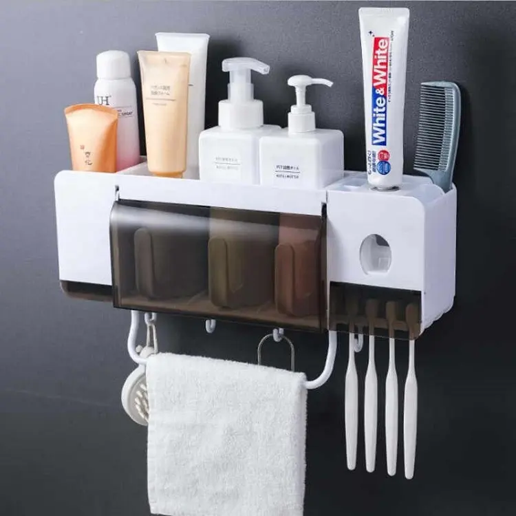 2020 Multifunction Super Sticky Wall Mount Automatic Toilet Bathroom Toothpaste Dispenser Toothbrush Holder Set with Towel Rack