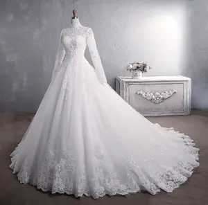 New lace Muslim Wedding Dress Elegant Plus Size prom dress high neck lace wedding dress with long sleeve