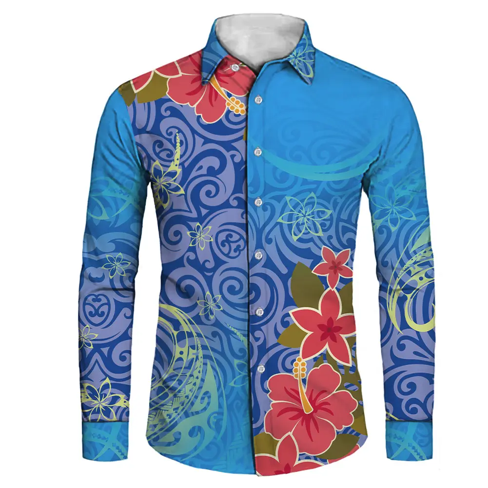 Dropshipping 블루 문신 폴리네시아 레드 플라워 프린트 셔츠 남성용 긴 소매 버튼 셔츠 맞춤형 플러스 사이즈 남성 셔츠