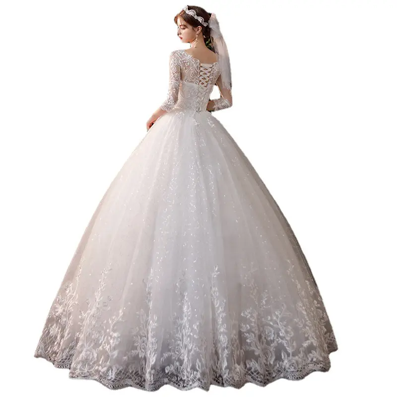 Fashion Gaun Pengantin Lace Embroidered Bride Gown Bondage Low Back Wedding Dress White