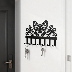 1pc <span class=keywords><strong>Crochet</strong></span> mural imperméable en métal noir avec motif floral papillon pour la maison, le bureau, le salon, la salle de bain, le rangement de bijoux et de clés - Product Image 6
