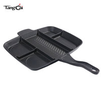 Poêle grill compartimentée 5-en-1 en fonte pré-culottée, plaque de cuisson multi-compartiments avec longue poignée torsadée pour steak, œufs et légumes