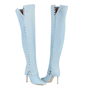 Botas Altas de Mujer Talla Grande 47, Botines Largos de Mezclilla con Tacón Delgado, Botas Sexys con Botones Metálicos, Zapatos de Tacón de Aguja de Ajuste Ancho - Product Image 2