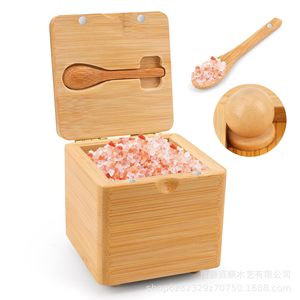 Boîte à épices en bois avec couvercle magnétique et base pour le rangement des condiments de cuisine, couleur bois naturel - Product Image 4